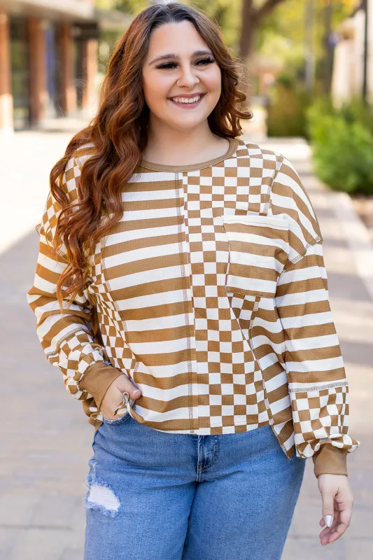 Threaded Pear Khaki Striped Checkered Mixed Print Chest Pocket Casual Plus Size Top sold by Zulily