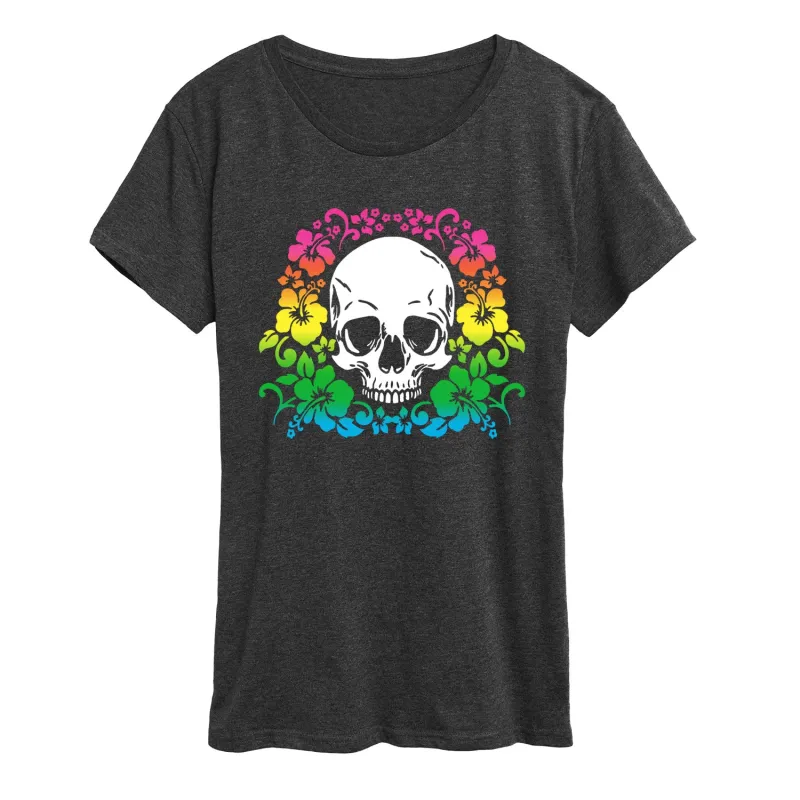 Instant Message - Skull and Hibiscus Flowers - Women's Short Sleeve Graphic T-Shirt made by Zulily