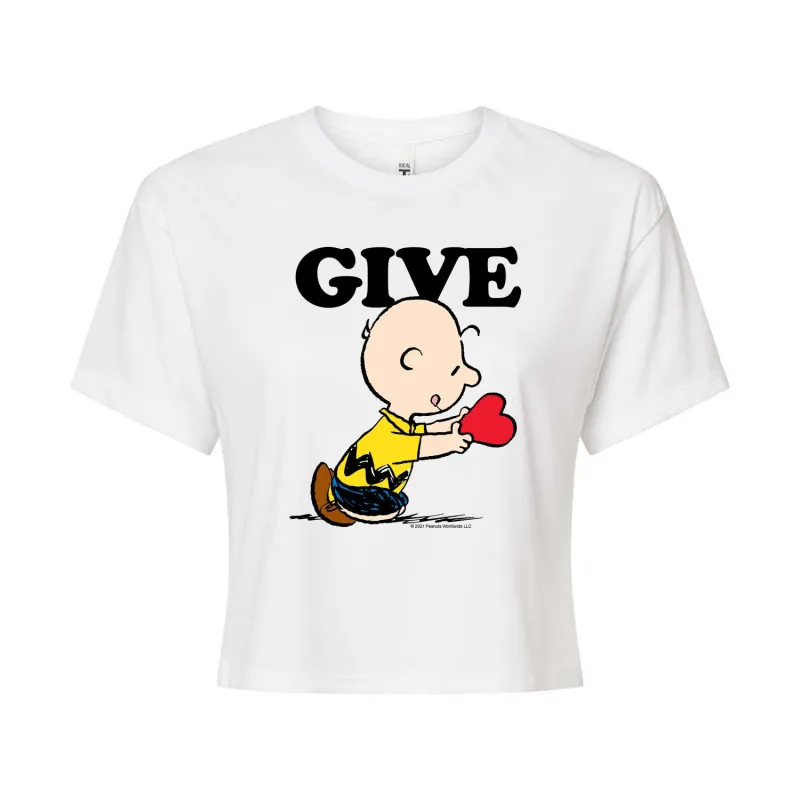 Peanuts - Give - Juniors Cropped Graphic T-Shirt sold by Zulily
