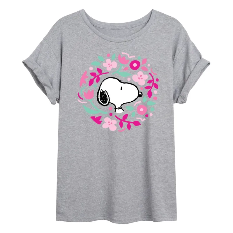 Peanuts - Snoopy Valentine Floral Circle - Juniors Oversized Graphic T-Shirt sold by Zulily