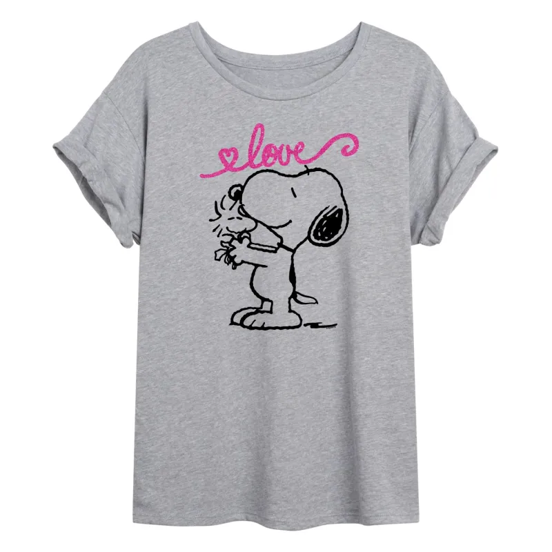 Peanuts - Love Snoopy and Woodstock - Juniors Oversized Graphic T-Shirt made by Peanuts