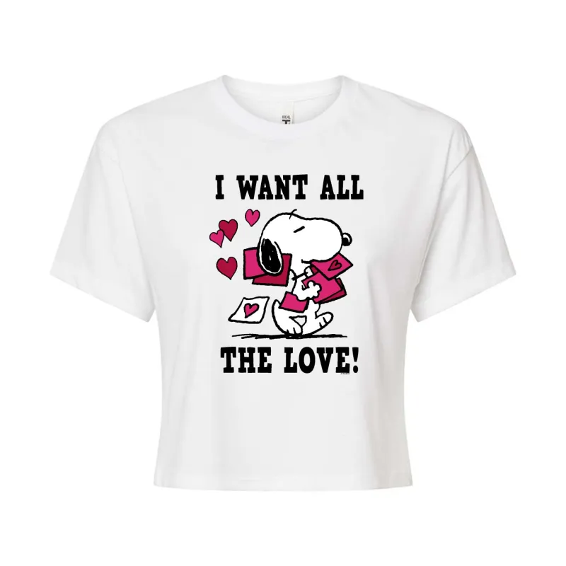 Peanuts - I Want All the Love! - Juniors Cropped Graphic T-Shirt sold by Zulily