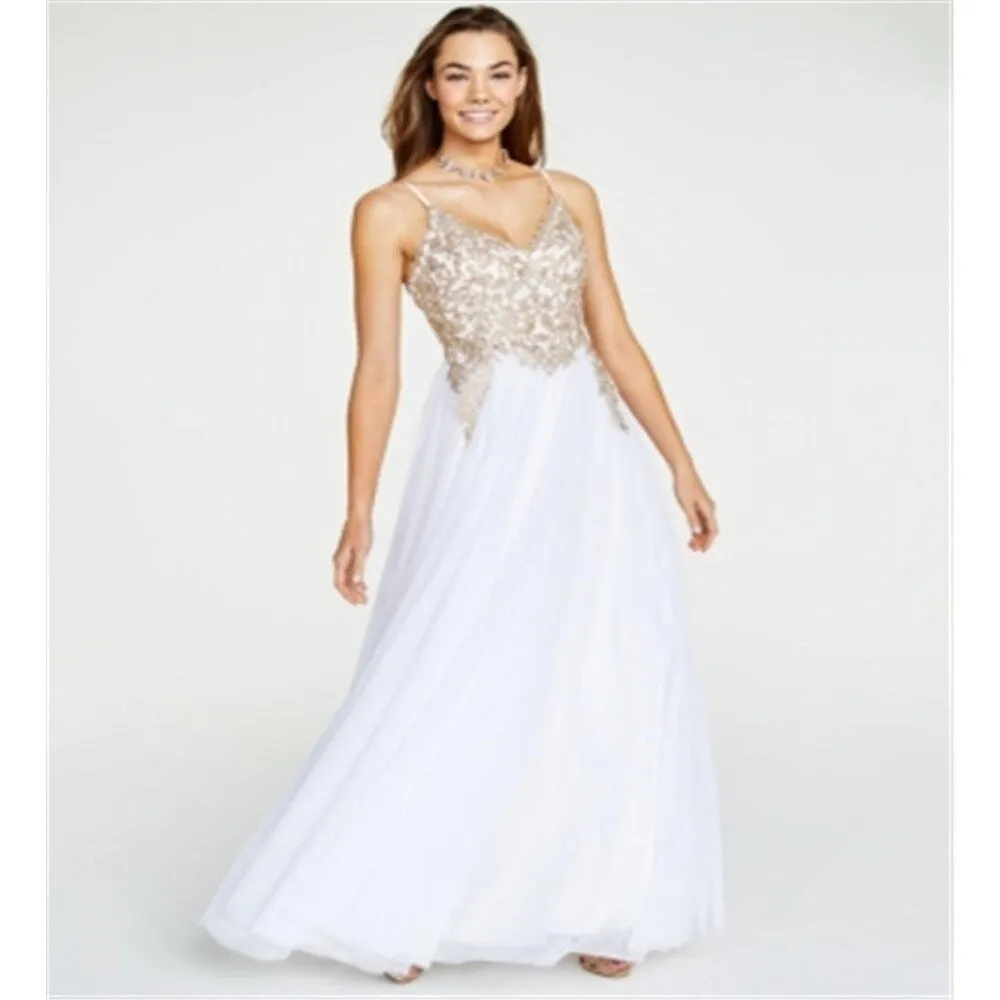 Say Yes To The Prom Women's Embellished Sheer Spaghetti Strap Sweetheart Neckline Full Length Formal Dress White Size 13 sold by Zulily