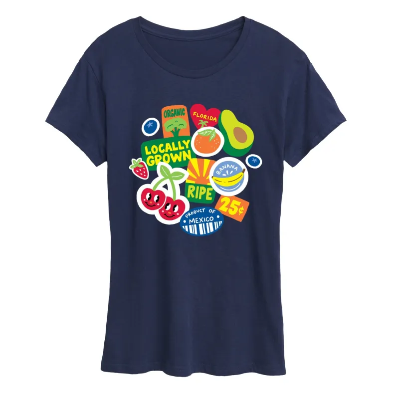 Instant Message - Fruit Stamps - Women's Short Sleeve Graphic T-Shirt sold by Zulily