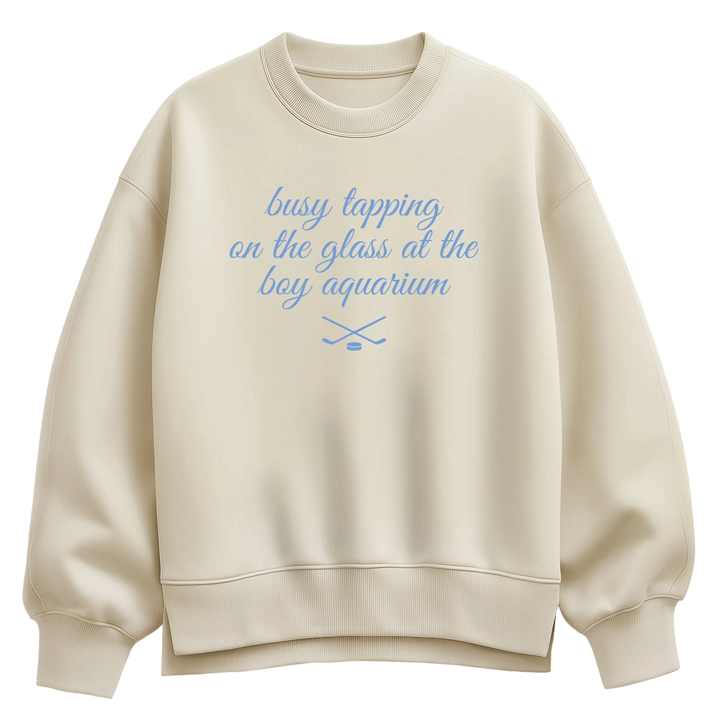 Instant Message - Tapping Glass Boy Aquarium Blue - Women's Oversized Fleece Crew Sweatshirt sold by Zulily