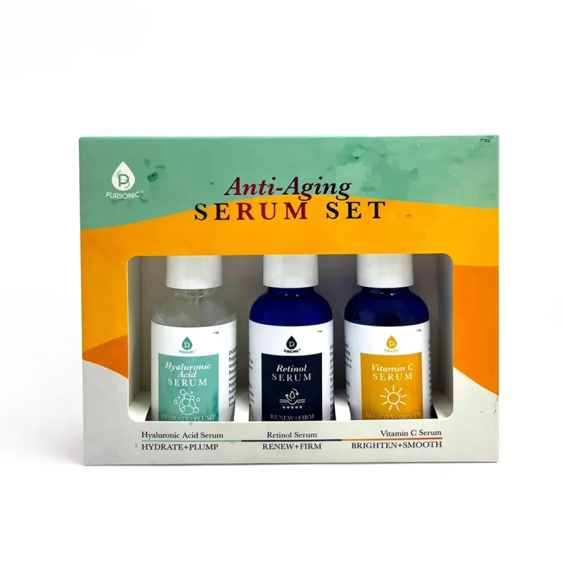 Pursonic Anti-aging Serum set including uniquely formulated Vitamin C Face Serum, Retinol Serum, and Hyaluronic Acid Serum (Each 30 ml) sold by Zulily