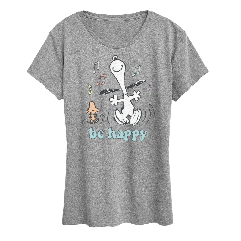 Peanuts - Be Happy Snoopy and Woodstock - Women's Short Sleeve Graphic T-Shirt sold by Zulily