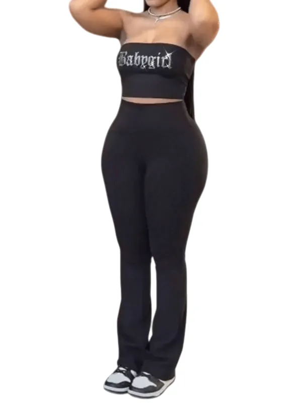 Chic YC Women's Strapless Print 2 Piece Set High Waist Flare Pants Summer Casual Streetwear Outfit sold by Zulily