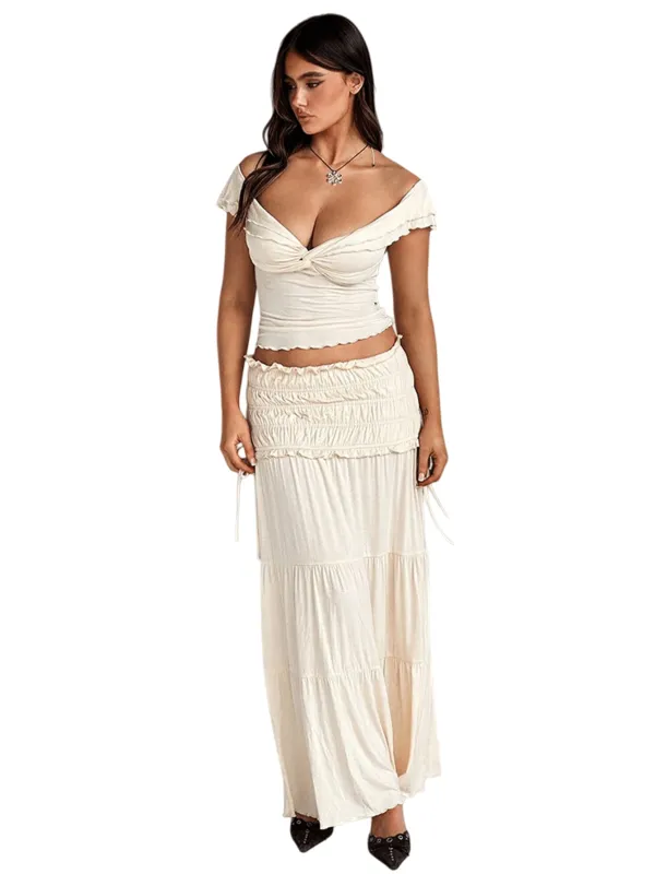 Chic YC Women's Ruched V-Neck Crop Top & Maxi Skirt Set Summer Elegant 2 Piece Outfit Casual Beach Vacation Wear made by Zulily