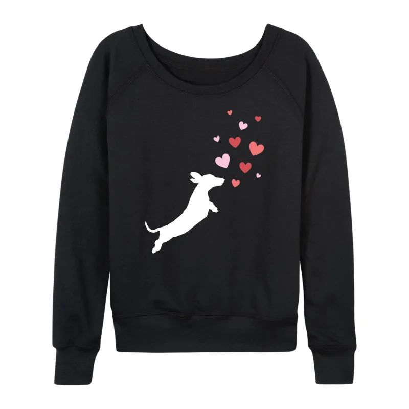 Instant Message - Dachshund Chasing Hearts - Women's French Terry Long Sleeve Pullover made by Zulily