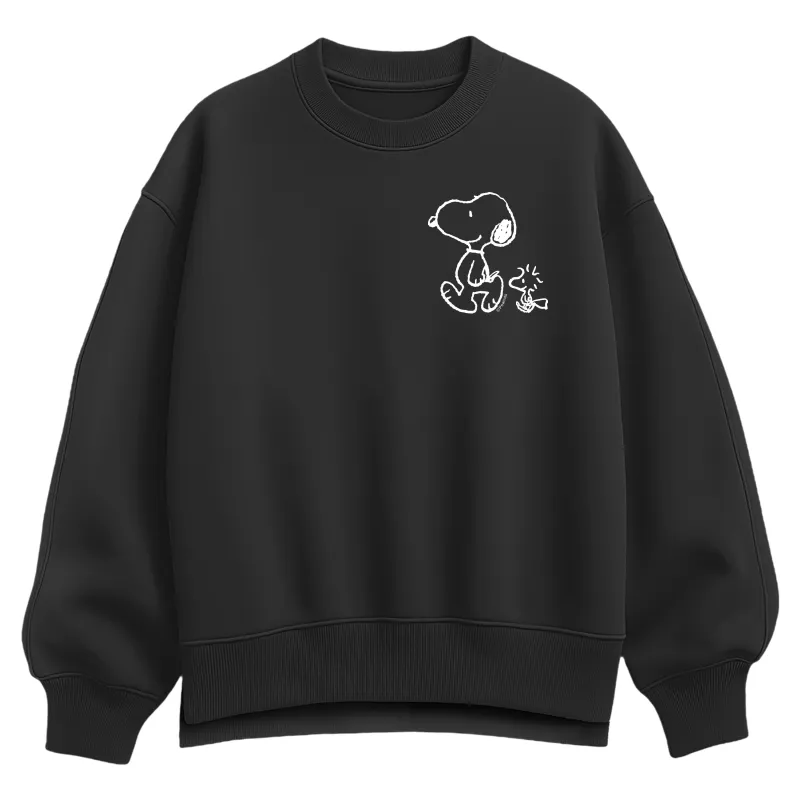 Peanuts - Snoopy Woodstock Walk White Ink - Ladies Oversized Fleece Crew Sweatshirt sold by Zulily