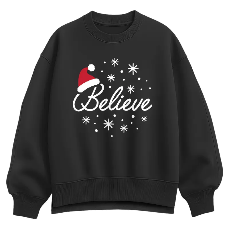 Instant Message - Believe With Santa Hat - Ladies Oversized Fleece Crew Sweatshirt made by Zulily
