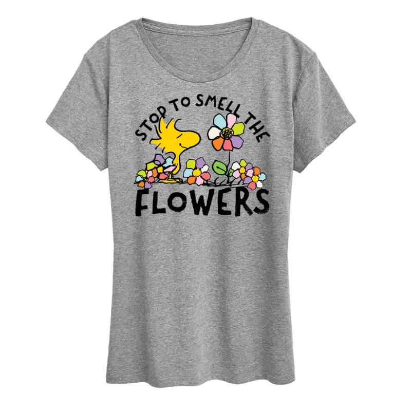 Peanuts - Stop and Smell the Flowers - Women's Short Sleeve Graphic T-Shirt sold by Zulily