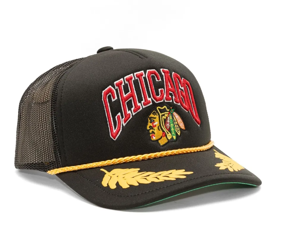 Mitchell & Ness Men's NHL Gold Leaf Trucker Blackhawks Hats made by Mitchell & Ness