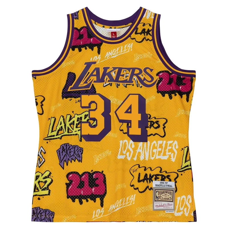 Mitchell & Ness NBA Slap Sticker Swingman Jersey La Lakers 1996 Shaquille O'Neal Jerseys sold by Zulily