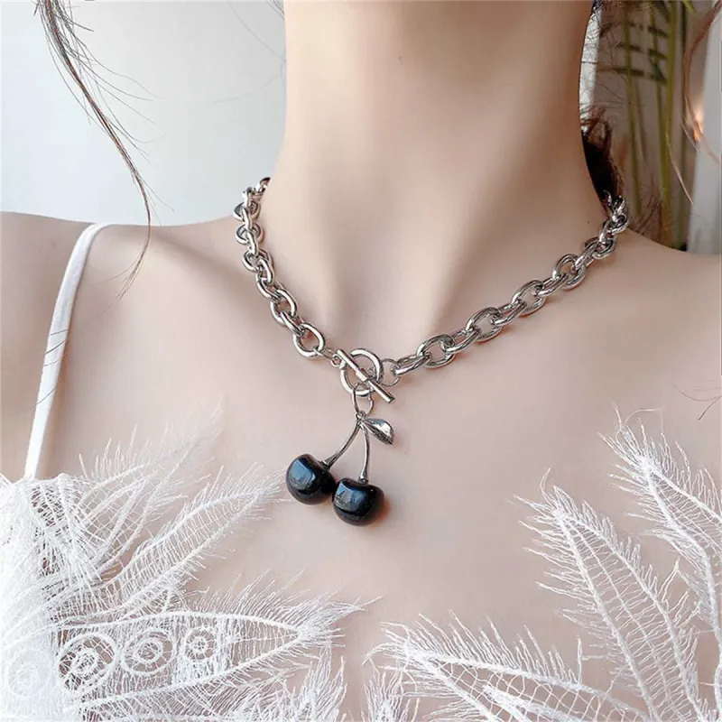 Black Enamel & Silvertone Cherry Pendant Toggle Necklace made by Zulily