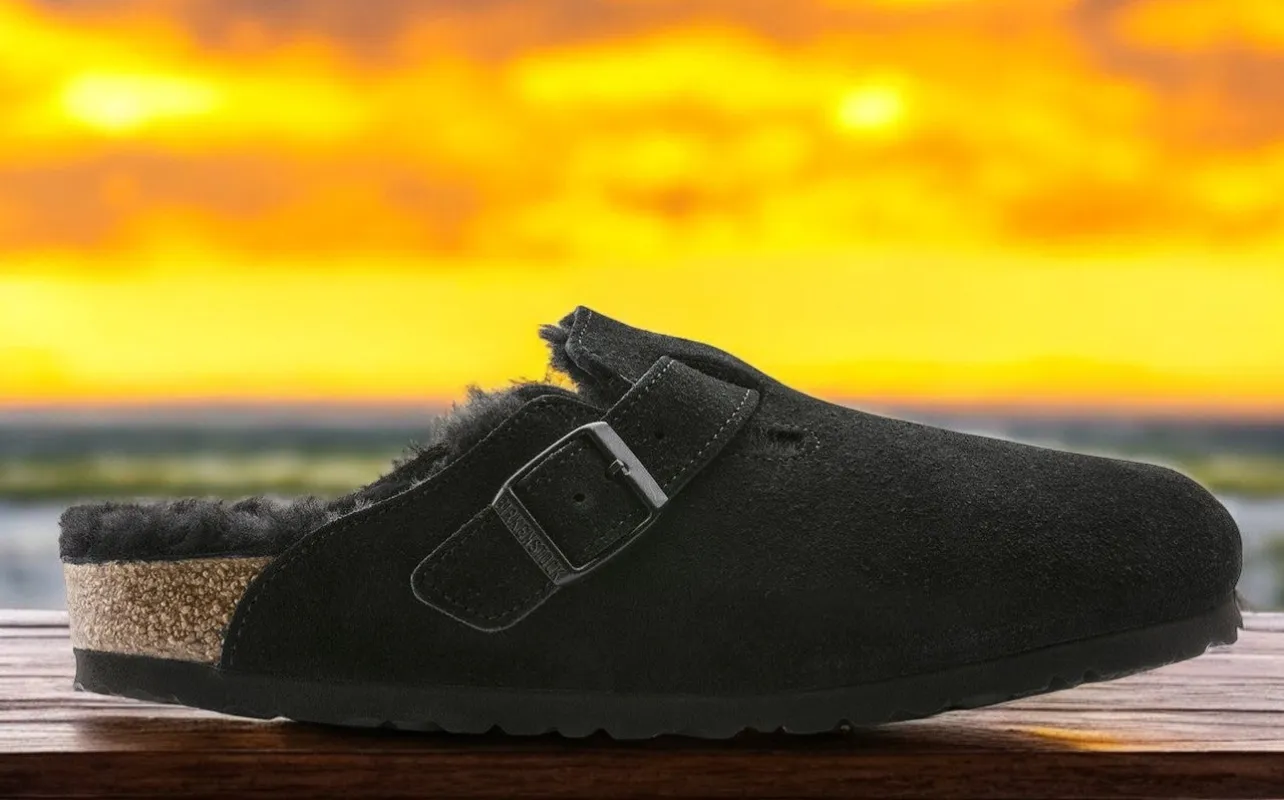 Birkenstock Men's Boston Shearling Black Suede Leather Regular Width Width) sold by Zulily