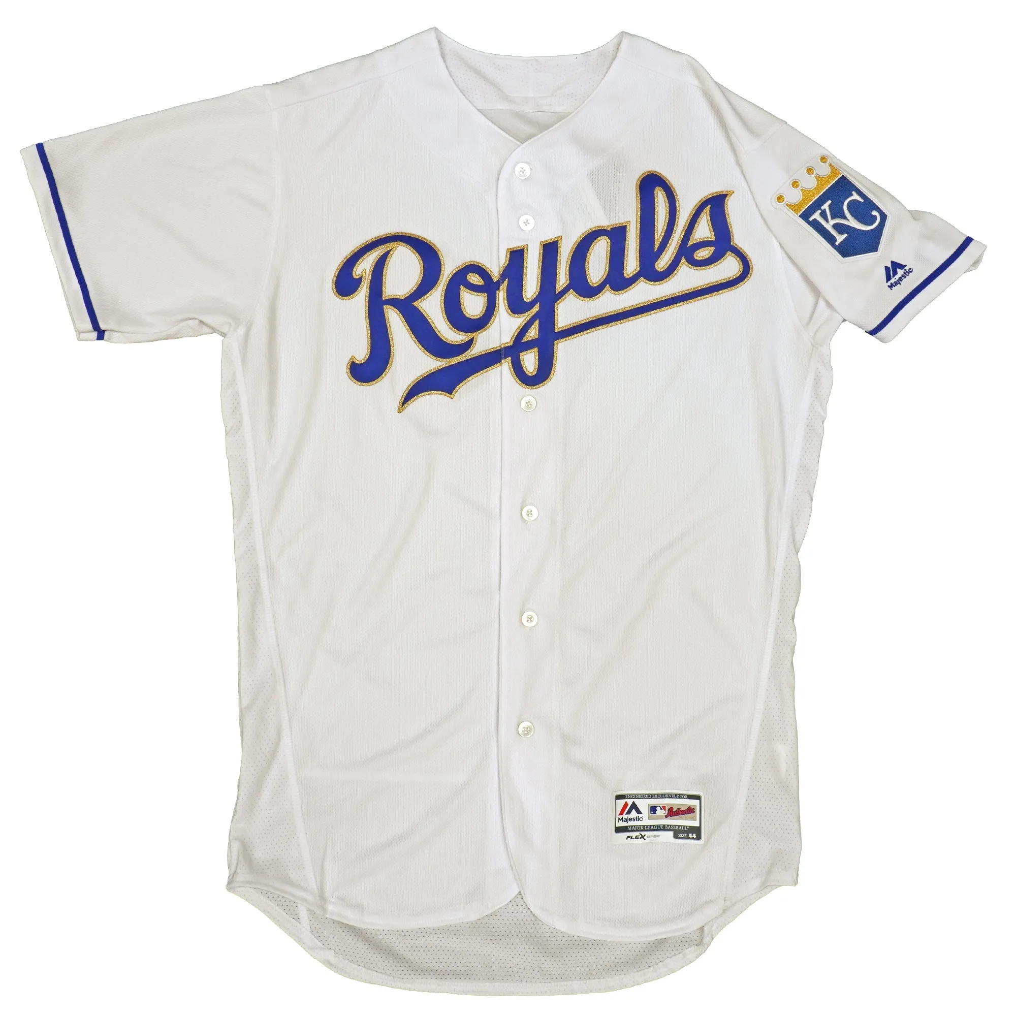 Majestic Men's MLB Kansas City Royals Authentic On Field Flex Base Jersey -Home White/Gold sold by Zulily