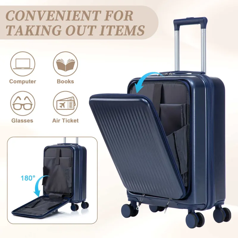 14"/20" 2 pcs/set in ABS Spinner Wheel Luggage, with Combination Lock and Front Opening Design, 14" Cosmetic Case (Navy) made by Zulily