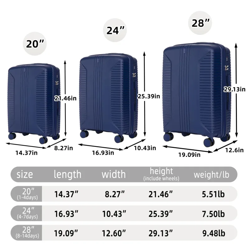 20"/24"/28" 3 pcs/set in PP Spinner Wheel Luggage, Carry on Suitcase, Matching Color, Combination Lock (Blue) made by Zulily