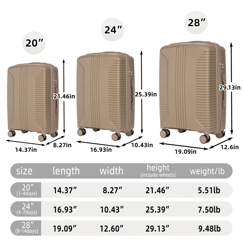 20"/24"/28" 3 pcs/set in PP Spinner Wheel Luggage, Carry on Suitcase, Matching Color, Combination Lock (Champagne) sold by Zulily