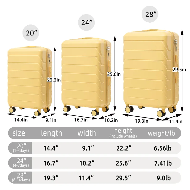 20"/24"/28" 3 pcs/set in ABS Spinner Wheel Luggage, Matching Color , With Combination Lock (Yellow) made by Zulily