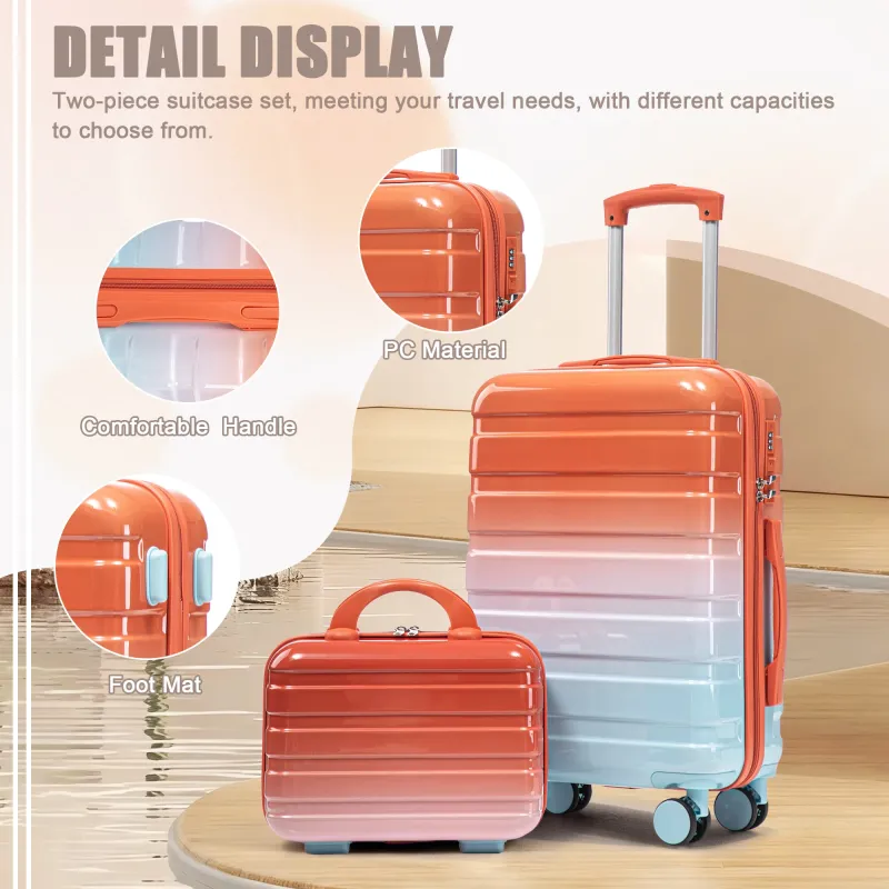 14"/20" 2 pcs/set in PC Spinner Wheel Luggage, Carry on Suitcase, With Gradient Color and Combination Lock(Blue+Red) made by Zulily