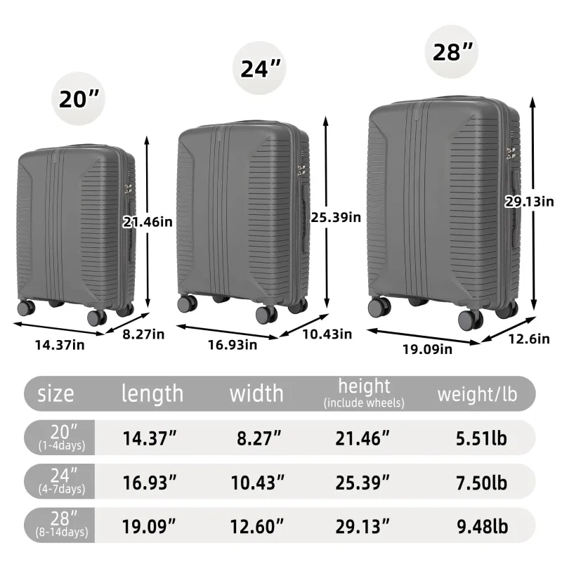 20"/24"/28" 3 pcs/set in PP Spinner Wheel Luggage, Carry on Suitcase, Matching Color, Combination Lock (Silver grey) made by Zulily