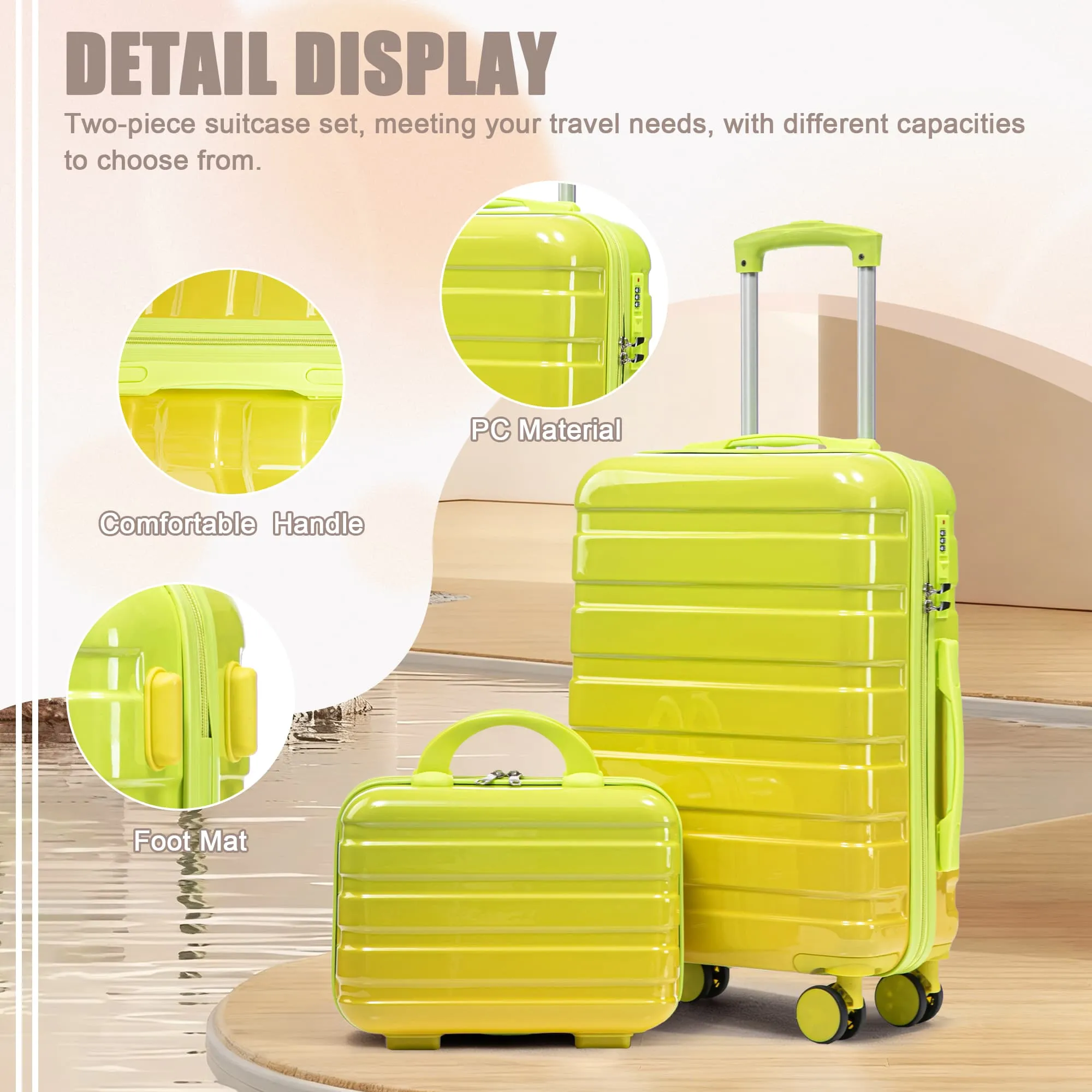 14"/20" 2 pcs/set in PC Spinner Wheel Luggage, Carry on Suitcase, With Gradient Color and Combination Lock(Yellow+Green) sold by Zulily