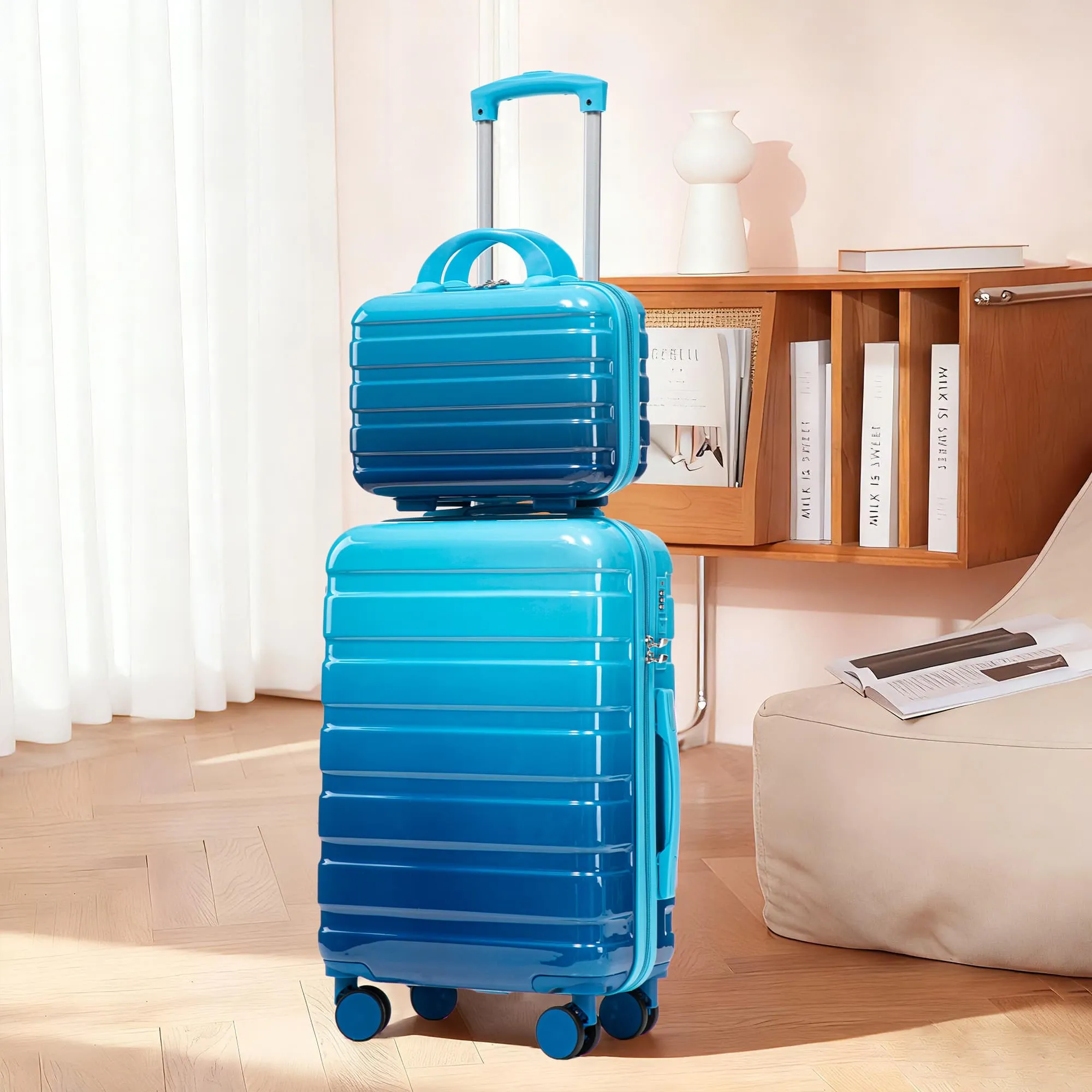 14"/20" 2 pcs/set in PC Spinner Wheel Luggage, Carry on Suitcase, With Gradient Color and Combination Lock(Navy+Light Blue) sold by Zulily