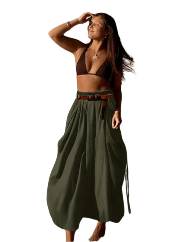 Chic YC Women's High Waist Flowy Maxi Skirt with Belt Summer Casual Beach Boho Skirt X-Large Green made by Zulily
