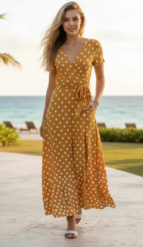 Lily by Firmiana Women’s Short Sleeve Maxi Dress Women’s Apparel Gold White Polka Dot Print sold by Zulily