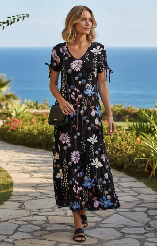 Lily by Firmiana Women’s Short Sleeve Maxi Dress Women’s Apparel Black Blue Floral Print made by Zulily
