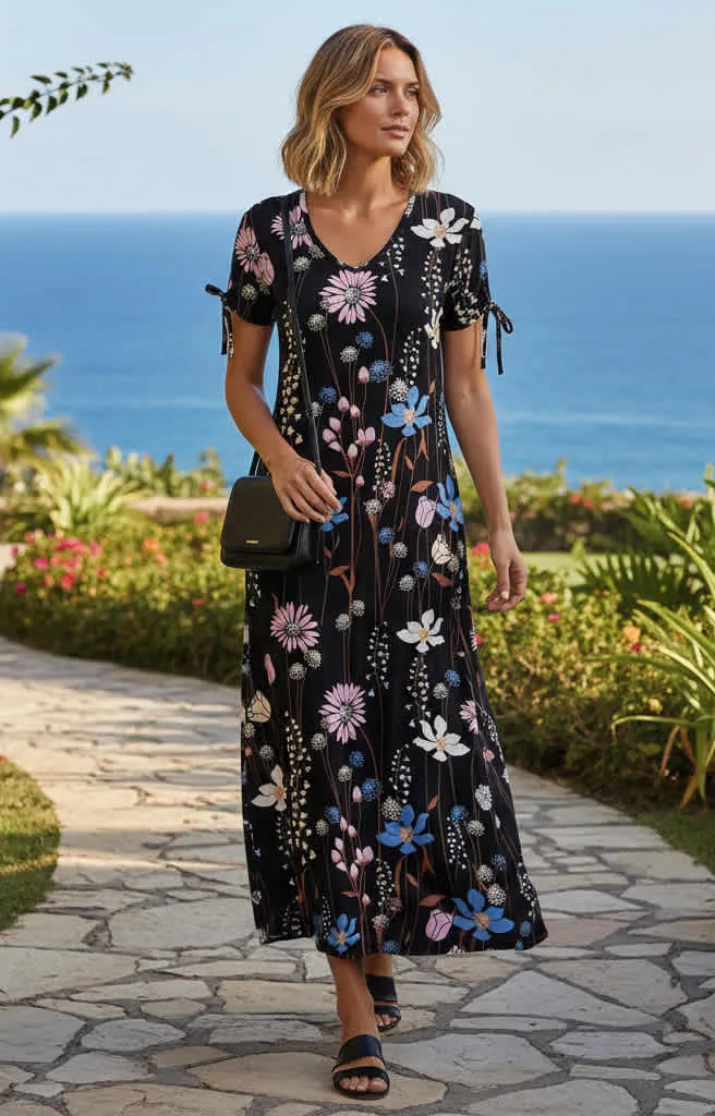Lily by Firmiana Women’s Short Sleeve Maxi Dress Women’s Apparel Black Blue Floral Print sold by Zulily