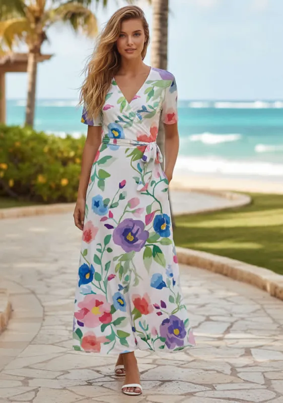 Lily by Firmiana Women’s Short Sleeve Maxi Dress Women’s Apparel White Multi Floral Print made by Zulily