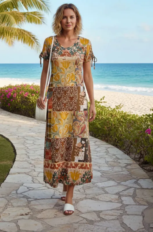 Lily by Firmiana Women’s Short Sleeve Maxi Dress Women’s Apparel Golden Multi Patchwork Floral made by Zulily