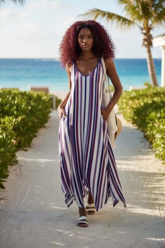 Lily by Firmiana Women’s Sleeveless V-Neck Handkerchief Hem Maxi Dress Women’s Apparel Purple White Vertical Stripe Print made by Zulily