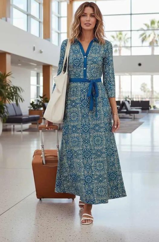 Lily by Firmiana Women’s Collared Maxi Dress with Button Placket, Waist Tie and Long Sleeves Women’s Apparel Blue Tile Print made by Zulily