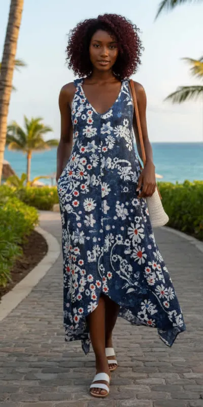 Lily by Firmiana Women’s Sleeveless V-Neck Handkerchief Hem Maxi Dress Women’s Apparel Navy White Floral Print made by Zulily