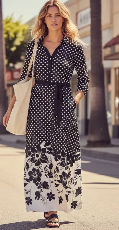 Lily by Firmiana Women’s Collared Maxi Dress with Button Placket, Waist Tie and Long Sleeves Women’s Apparel Black White Floral Border Print made by Zulily