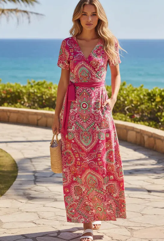 Lily by Firmiana Women’s Short Sleeve Maxi Dress Women’s Apparel Pink Multi Medallion Print made by Zulily