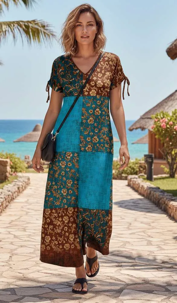 Lily by Firmiana Women’s Short Sleeve Maxi Dress Women’s Apparel Teal Brown Patchwork Border sold by Zulily product image thumbnail 4