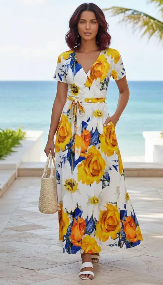 Lily by Firmiana Women’s Short Sleeve Maxi Dress Women’s Apparel White Yellow Sunflower Print sold by Zulily product image thumbnail 3