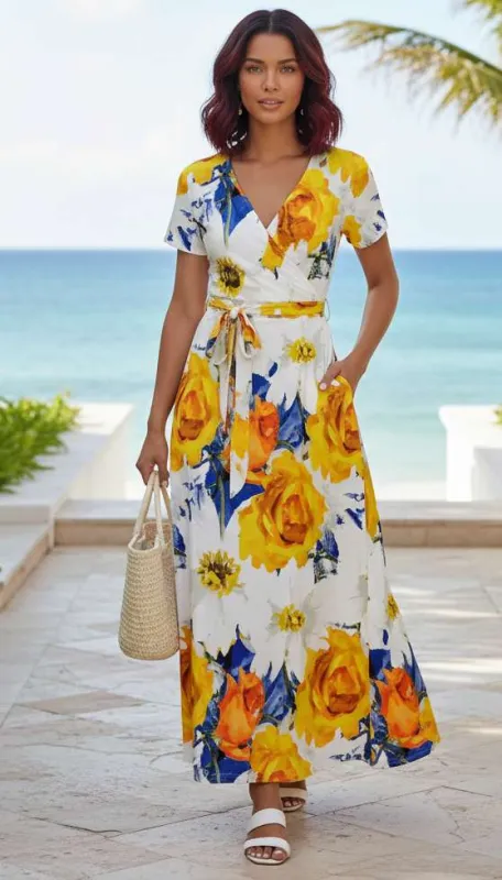 Lily by Firmiana Women’s Short Sleeve Maxi Dress Women’s Apparel White Yellow Sunflower Print made by Zulily