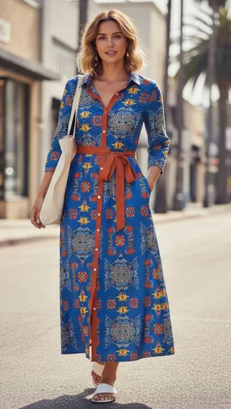 Lily by Firmiana Women’s Collared Maxi Dress with Button Placket, Waist Tie and Long Sleeves Women’s Apparel Blue Rust Medallion Print made by Zulily
