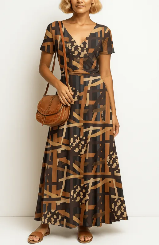Lily by Firmiana Women’s Short Sleeve Maxi Dress Women’s Apparel Brown Geometric Print made by Zulily