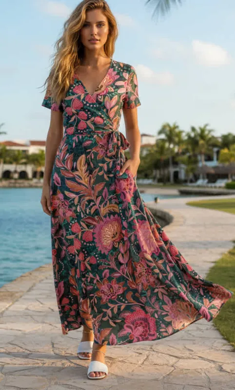 Lily by Firmiana Women’s Short Sleeve Maxi Dress Women’s Apparel Black Pink Coral Tropical Floral made by Zulily