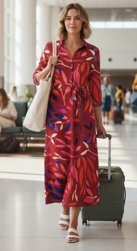 Lily by Firmiana Women’s Collared Maxi Dress with Button Placket, Waist Tie and Long Sleeves Women’s Apparel Red Blue Tropical Floral Print made by Zulily