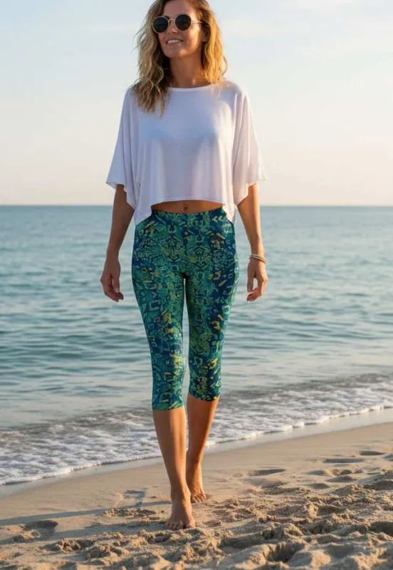 Lily by Firmiana Women’s Capri Leggings Women’s Apparel Green Blue Geometric Print made by Zulily