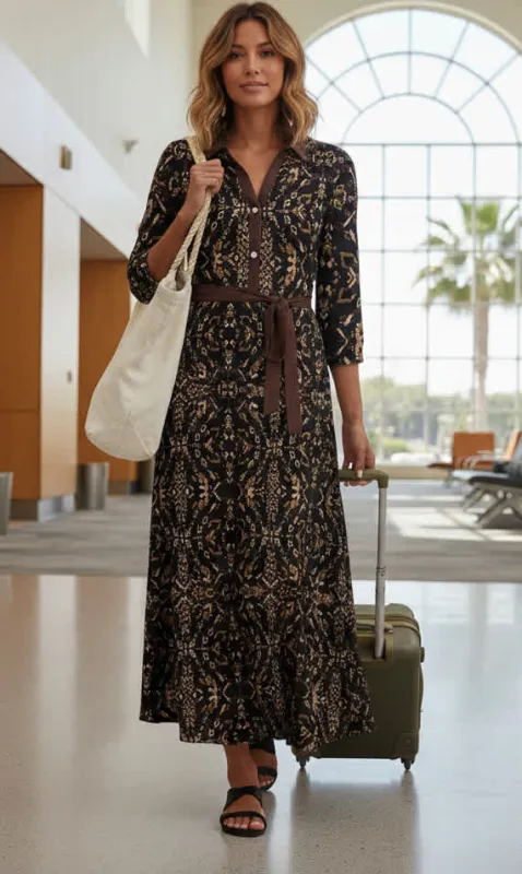 Lily by Firmiana Women’s Collared Maxi Dress with Button Placket, Waist Tie and Long Sleeves Women’s Apparel Black Gold Ornamental Print made by Zulily